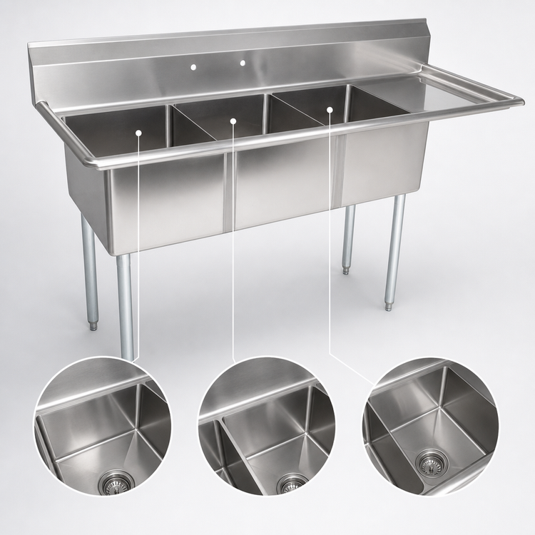Product image #3 for John Boos E-Series 3-Compartment Stainless Steel Sink with Right Drainboard