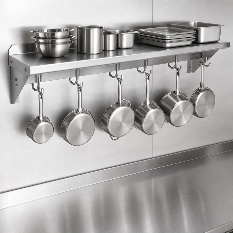 Product image #3 for John Boos Stallion 96-Inch Stainless Steel Wall Shelf With Pot Rack