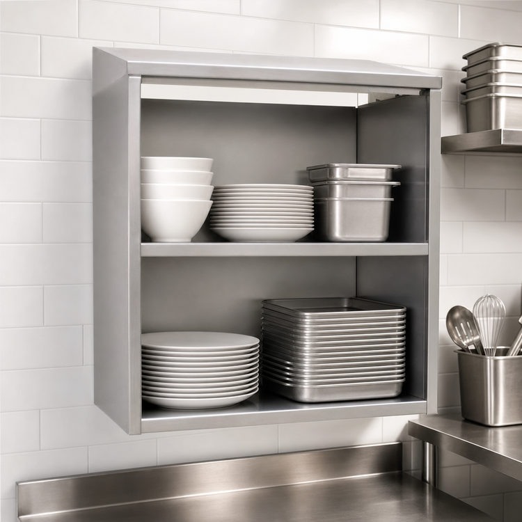 Product image #3 for Glastender 24 Inch Open Front Wall-Mounted Stainless Steel Wall Cabinet with Intermediate Shelf