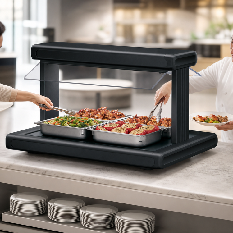 Product image #3 for Hatco Glo-Ray® 60-Inch Countertop Pass-Thru Buffet Warmer with Heated Base, Double Acrylic Sneeze Guards and 4-Pan Capacity