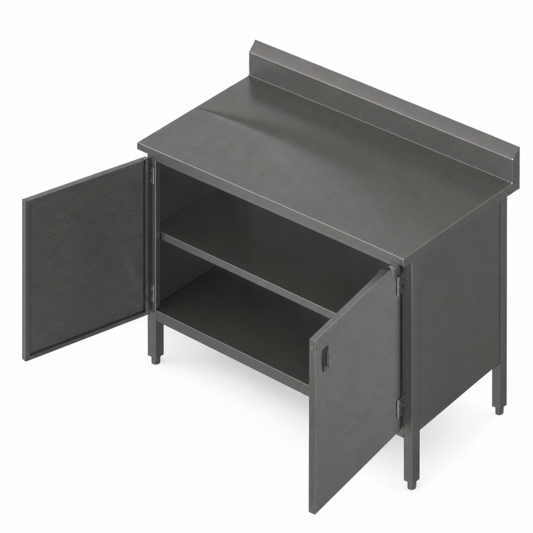 Product image #3 for John Boos Enclosed Base Work Table with Hinged Doors, 60 x 30 Inch, 16-Gauge 300 Series Stainless Steel Top, 5 Inch Backsplash