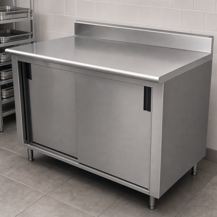 Product image #3 for Advance Tabco 96-Inch x 36-Inch Enclosed Work Table with Cabinet Base, Sliding Doors, 14-Gauge 304 Stainless Steel Top, and 5-Inch Backsplash