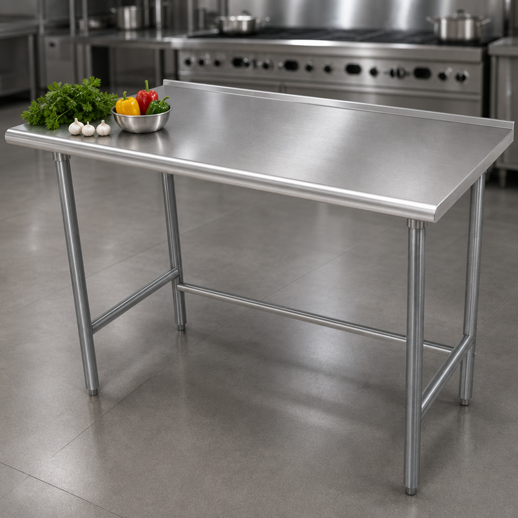 Product image #3 for Advance Tabco Premium Series 120"W x 30"D Stainless Steel Work Table, 14-Gauge 304 Top, 1-1/2" Rear Up-Turn, Galvanized Open Base