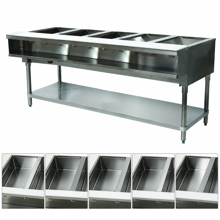 Product image #3 for Advance Tabco Triumph Supreme 5-Well Natural Gas Water Bath Hot Food Table with Cutting Board and Undershelf