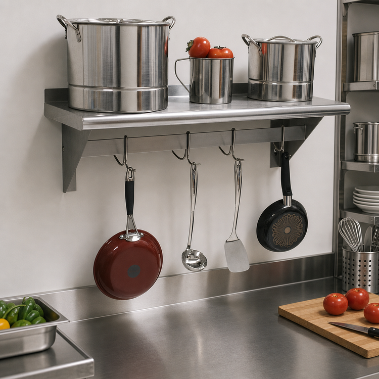 Product image #3 for Advance Tabco Wall-Mounted Shelf with Pot Rack, 60 W x 18 D, 18-Gauge 430 Stainless Steel, 9 Hooks