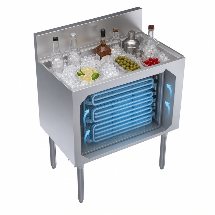 Product image #3 for Krowne Royal Series Underbar Ice Bin/Cocktail Unit with Built-In 10-Circuit Cold Plate, 30"W x 19"D, 92-lb Ice Capacity