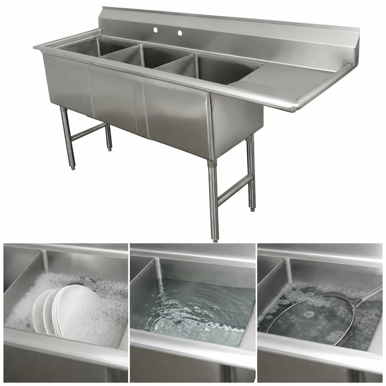 Product image #3 for Advance Tabco 3-Compartment Fabricated Sink with Right Drainboard, 15" x 24" x 14" Bowls, 16-Gauge 304 Stainless Steel