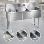Thumbnail image #3 for BK Resources BK8BS-3-1221-12 39-Inch 3-Compartment Stainless Steel Sink with 8-Inch Backsplash, Galvanized Legs, and Basket Drains