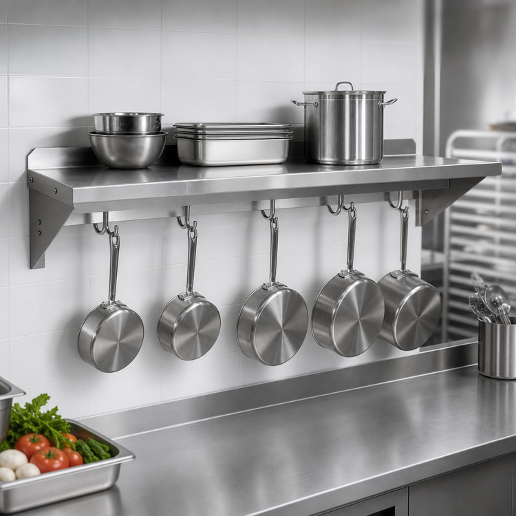 Product image #3 for John Boos Stallion Wall-Mount Pot Rack Shelf with 4 Hooks, 48 x 18 x 13 Inches, 14-Gauge 304 Stainless Steel