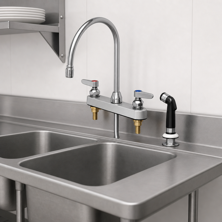 Product image #3 for T&S Brass Deck-Mount Workboard Faucet with Side Spray, 8-Inch Centers, 8-13/16-Inch Swivel Gooseneck