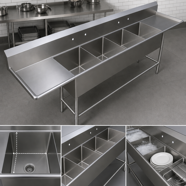 Product image #3 for John Boos Pro-Bowl 4-Compartment Floor Model Sink with Left & Right Drainboards, 14-Gauge Stainless Steel