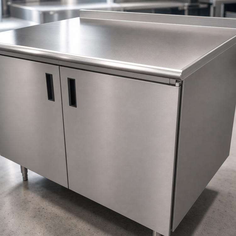 Product image #3 for Advance Tabco 36" x 36" Enclosed Stainless Steel Work Table with Cabinet Base, Mid-Shelf, Hinged Doors and Rear Up-Turn