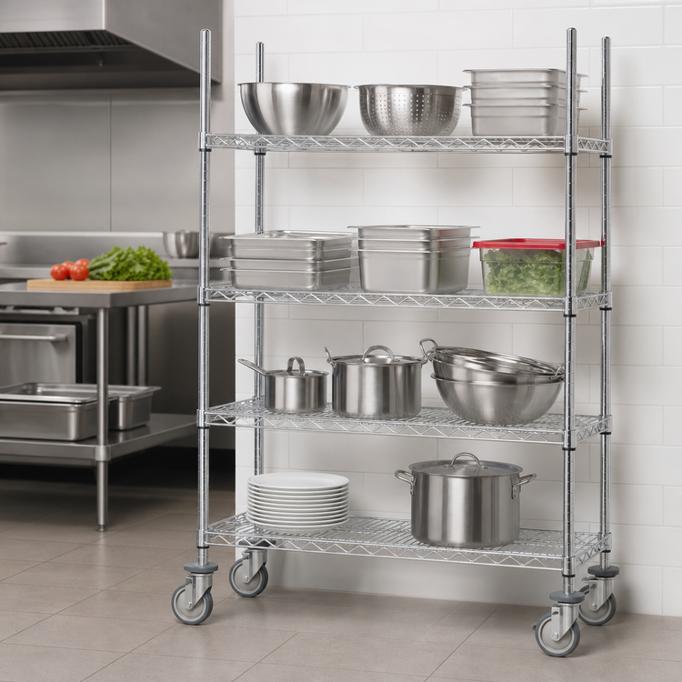 Product image #3 for Advance Tabco 18" x 60" 4-Shelf Chrome Mobile Wire Cart with Poly Casters