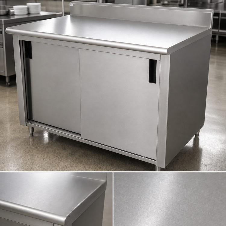 Product image #3 for Advance Tabco 60-Inch x 30-Inch Enclosed Work Table with Cabinet Base and Sliding Doors, 14-Gauge 304 Stainless Steel Top, 5-Inch Backsplash