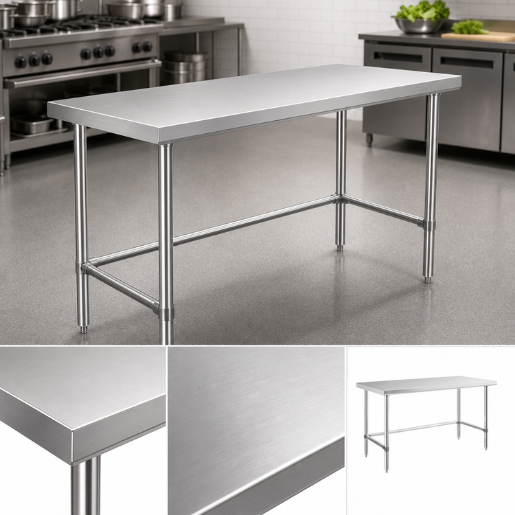 Product image #3 for Sapphire 72-Inch x 14-Inch 18 Gauge 430 Stainless Steel Flat Top Work Table with Open Base and Beveled Square Edge