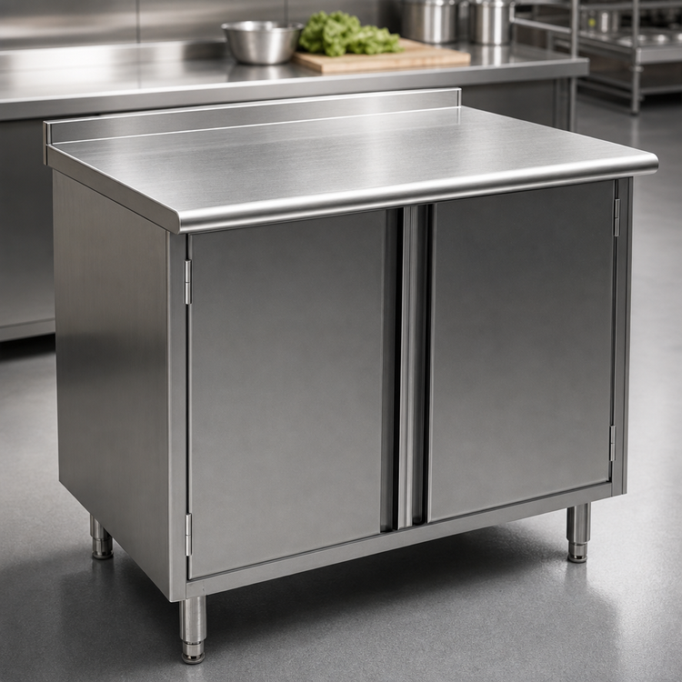 Product image #3 for Spec-Master 60 Inch x 30 Inch 14 Gauge 304 Stainless Steel Enclosed Work Table with Cabinet Base and Hinged Doors
