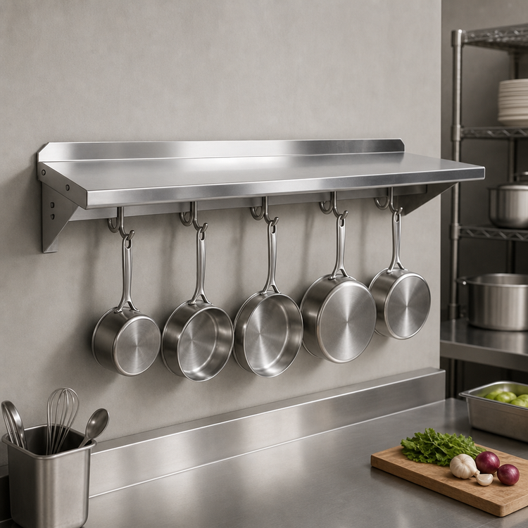 Product image #3 for John Boos Stallion 60 Inch Wall-Mount Stainless Steel Pot Rack Shelf with 5 Hooks