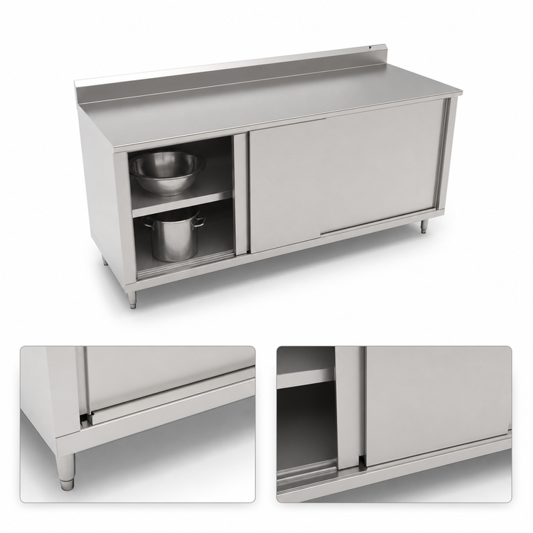 Product image #3 for John Boos 84 Inch x 30 Inch Stainless Steel Enclosed Work Table with Sliding Doors and 5 Inch Backsplash