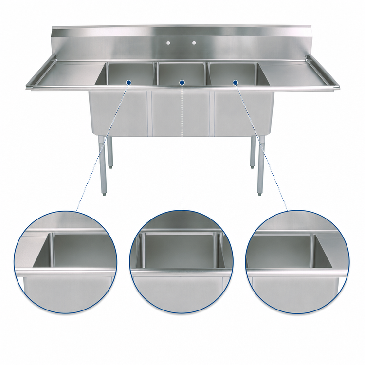 Product image #3 for BK Resources Three-Compartment Stainless Steel Sink with Left and Right Drainboards, 100-Inch Wide