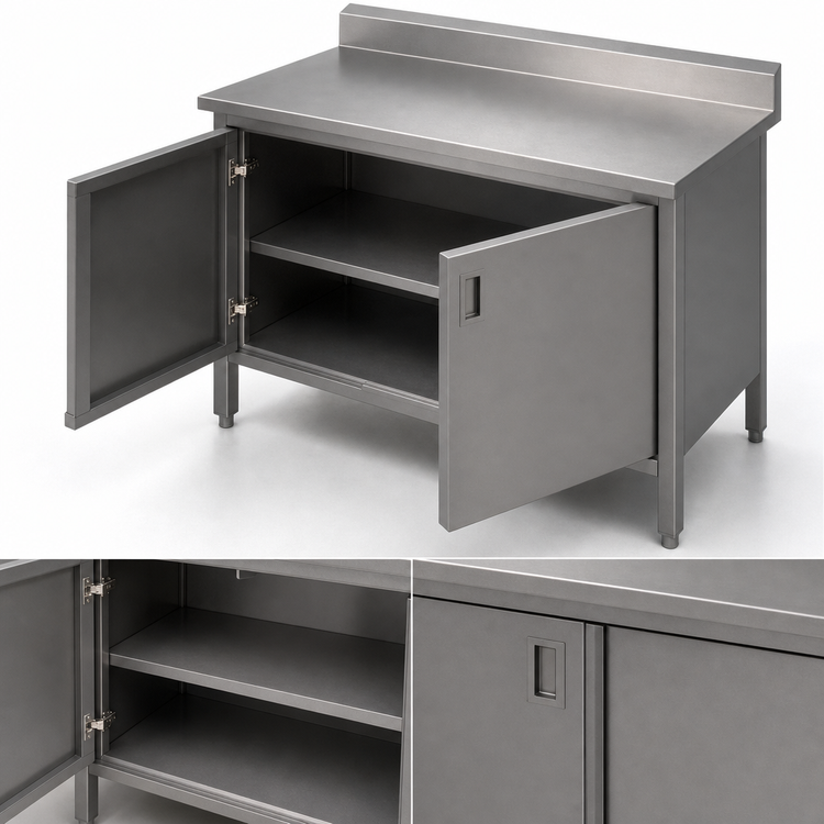 Product image #3 for John Boos Enclosed Work Table with Cabinet Base and Hinged Doors, 48 x 24 Inches, 14/300 Stainless Steel Top, 5-Inch Backsplash
