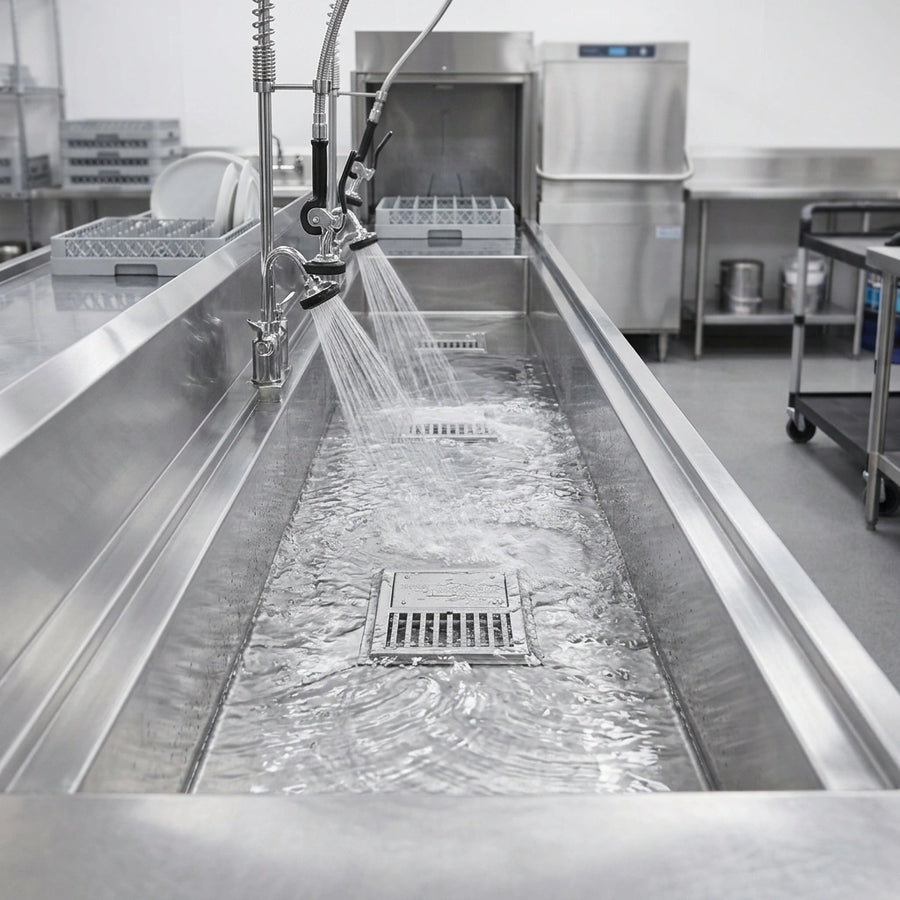 Experience a clean and safe dishwashing environment with the anti-splash design of this 96-inch cool trough water tempering system.