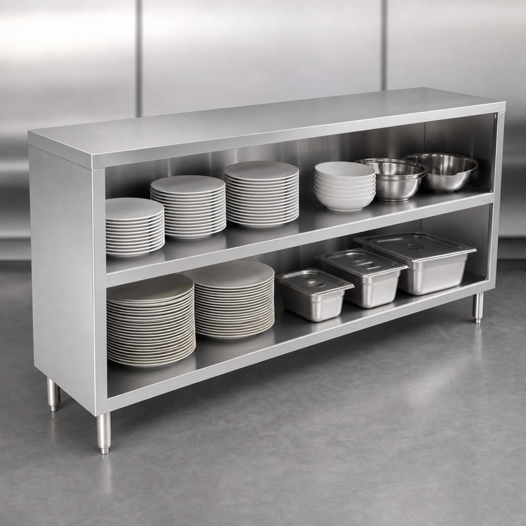 Product image #3 for John Boos Open Front Stainless Steel Dish Cabinet with Mid-Shelf, 132 x 15 x 35 Inches