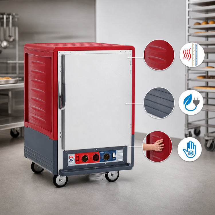 Product image #3 for Metro C5 3 Series Insulation Armour Half-Height Heated Holding and Proofing Cabinet, Red, Low Wattage, Solid Door, Lip Load Slides, Mobile