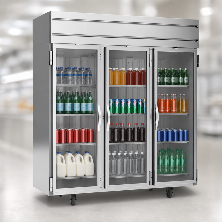 Product image #3 for Beverage-Air Horizon Series HF3HC-1G Three-Section Glass Door Reach-In Freezer, 69.1 Cu. Ft., Top-Mounted Self-Contained