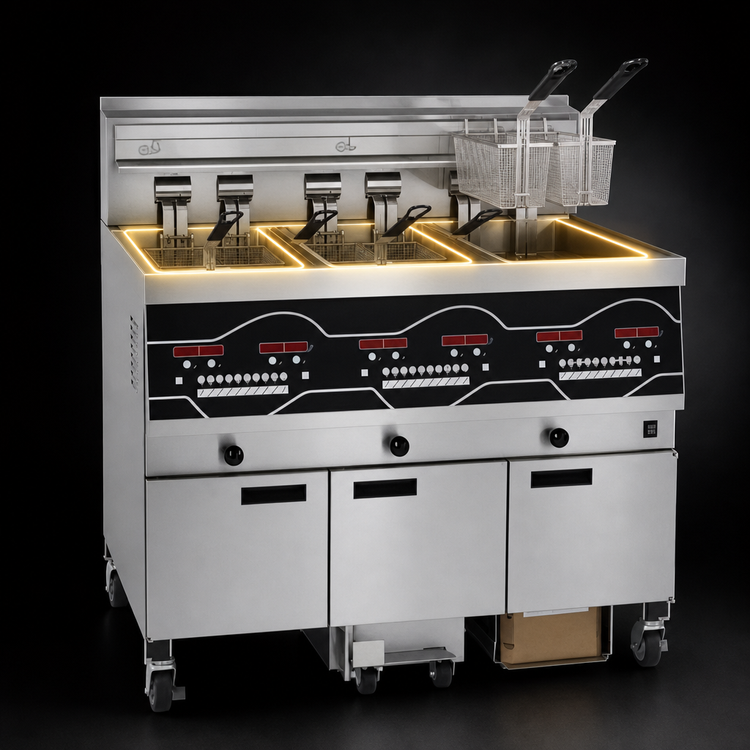 Product image #3 for Henny Penny Evolution Elite EEE143.0 Electric 3-Well Floor Model Open Fryer, 30 lb Full Vat Capacity