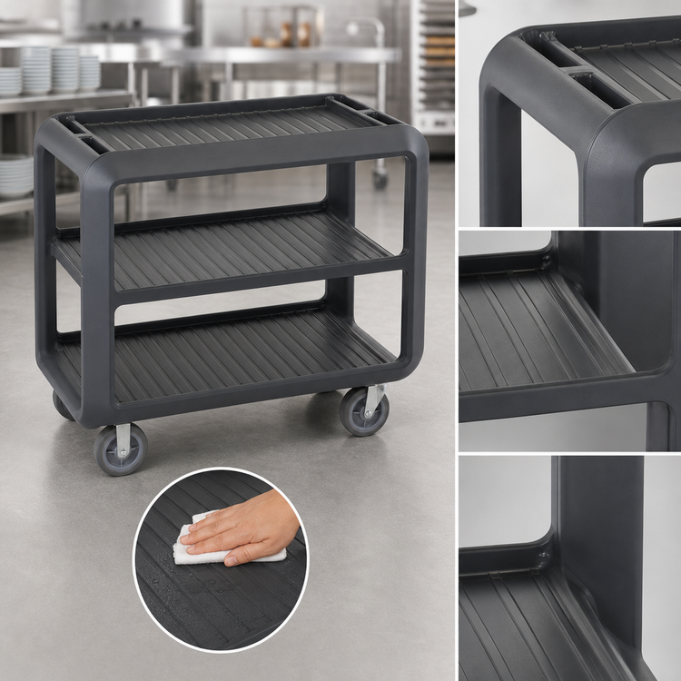 Product image #4 for Cambro Service Cart Pro Large Open-Sides 3-Shelf Bus Cart, 600 lb. Capacity, Charcoal Gray