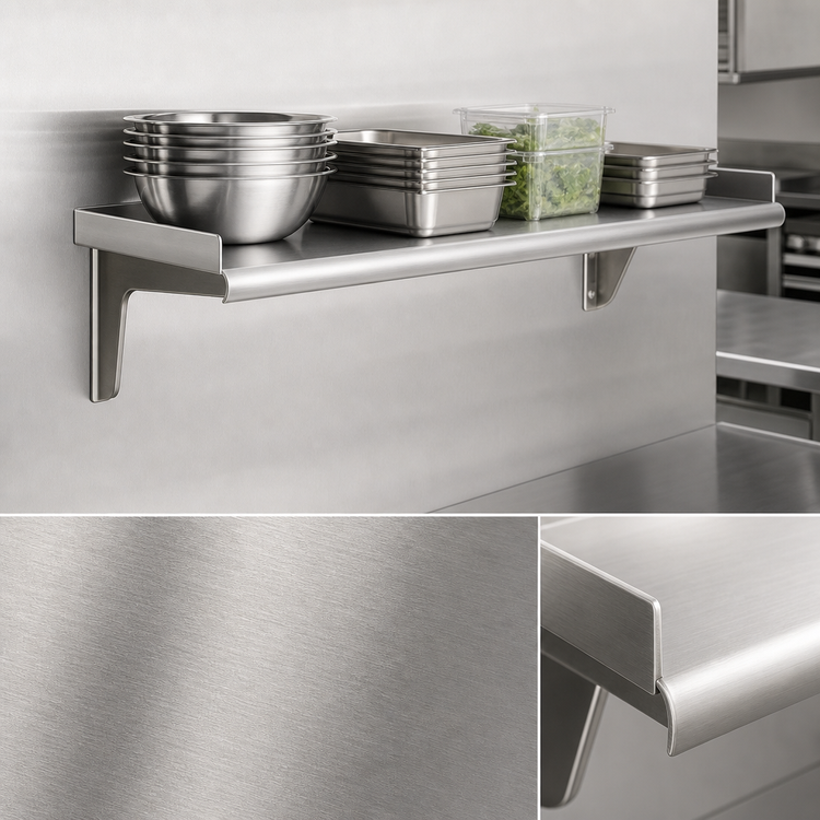Product image #3 for Eagle Snap-n-Slide 72 Inch x 12 Inch Wall-Mounted 14 Gauge 304 Stainless Steel Shelf with Rolled Front Edge