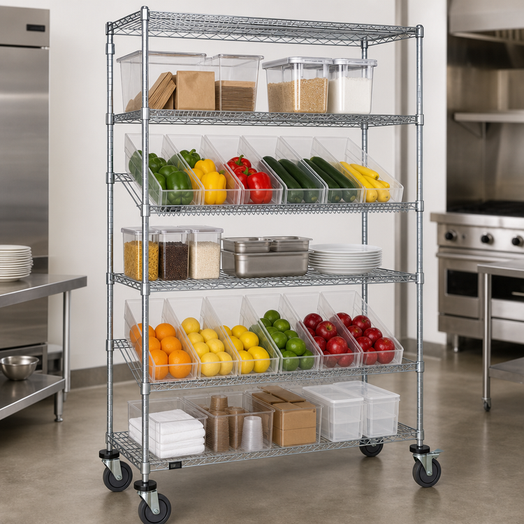 Product image #3 for Quantum Mobile Slanted Shelf Storage Cart with Clear Bins and Casters, 48 x 18 x 80 Inch, Chrome Plated