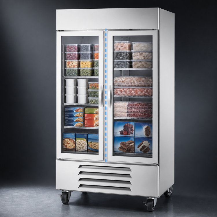 Product image #4 for Beverage-Air Horizon Series Two-Section Reach-In Freezer with Dual Glass Display Doors, 35.08 Cu. Ft., Bottom-Mounted Self-Contained Refrigeration