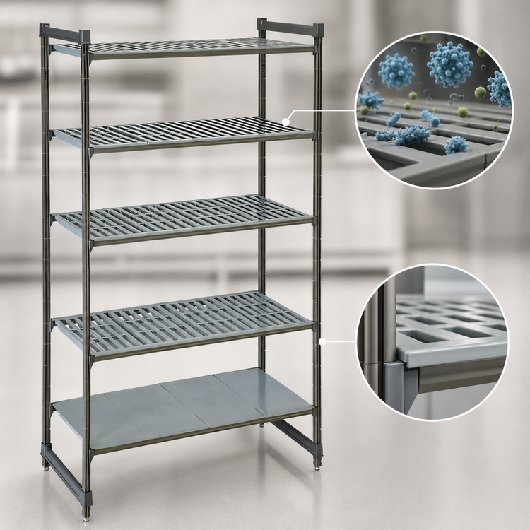 Product image #3 for Cambro Camshelving Basics Plus 5-Tier Stationary Starter Polymer Shelving Unit, 18" Deep x 42" Long x 84" High, Vented and Solid, Brushed Graphite