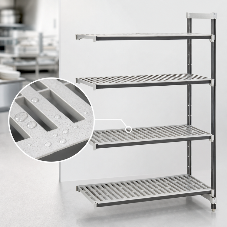 Product image #3 for Cambro Camshelving Elements XTRA Stationary Add-On Polymer Shelving Unit, 24" x 48" x 72", 4-Tier Vented, Speckled Gray