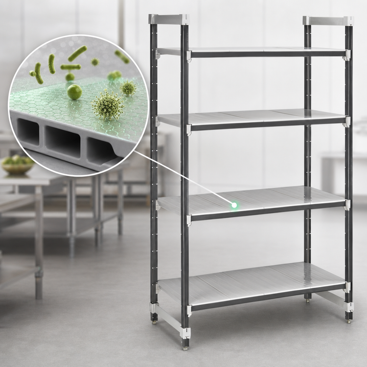Product image #3 for Cambro Camshelving Elements XTRA Stationary Solid Starter Shelving Unit, 24"W x 30"L x 84"H, 4-Tier, Speckled Gray