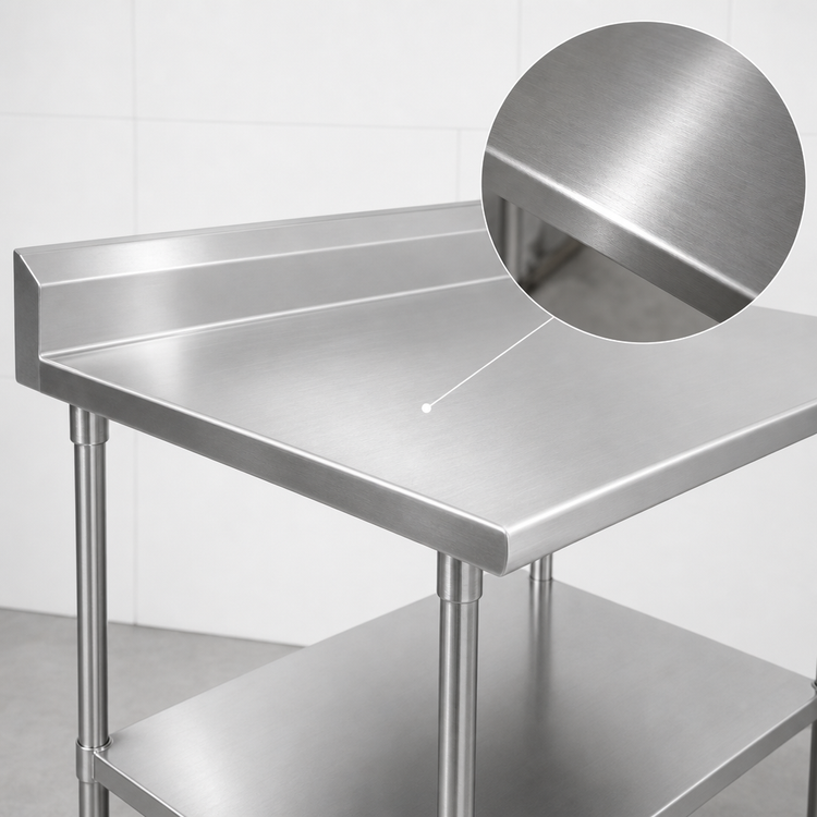 Product image #3 for John Boos Stallion 30" x 30" 16-Gauge Stainless Steel Corner Work Table with 5" Backsplash and Adjustable Undershelf