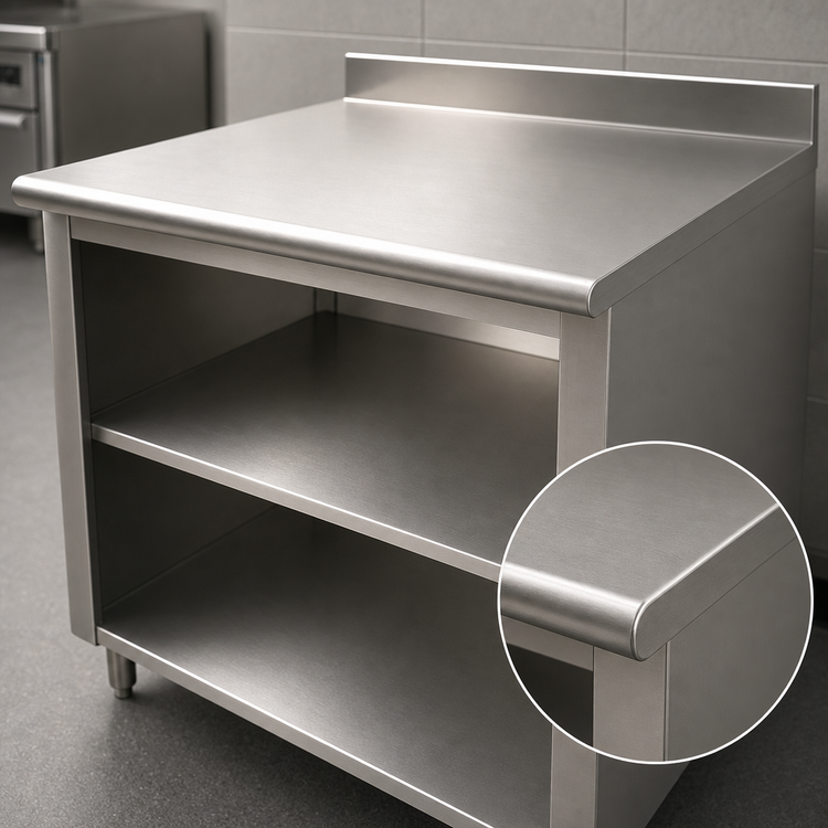 Product image #3 for Advance Tabco Open Front Cabinet Base Work Table with Mid-Shelf, 144-Inch x 36-Inch, 14 Gauge 304 Stainless Steel Top, 5-Inch Backsplash