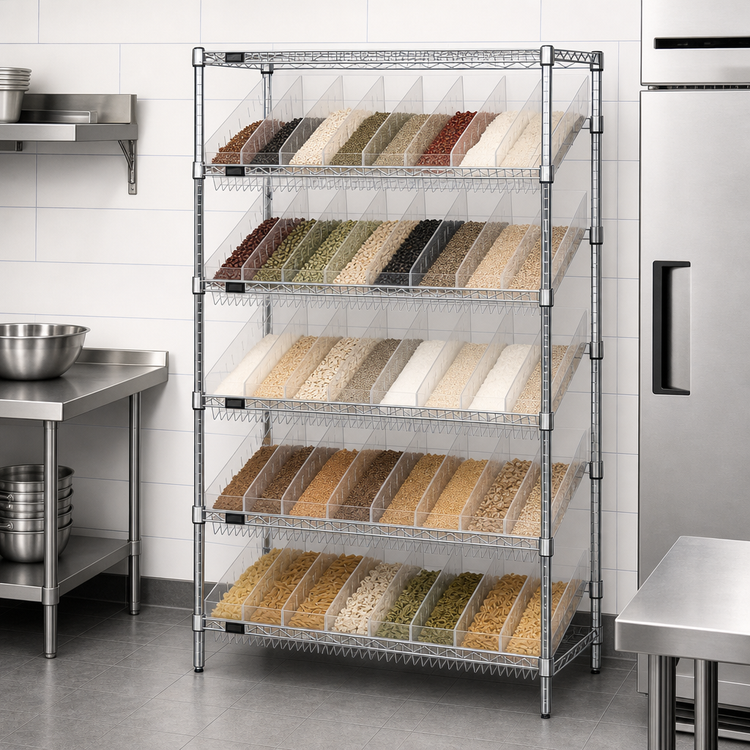 Product image #3 for Quantum Stationary Chrome-Plated Wire Shelving Bin System with 48 Clear Bins, 36W x 18D x 74H