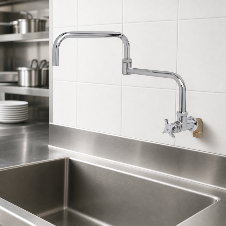 Product image #3 for Big-Flo Low-Lead Wall-Mount Pre-Rinse Faucet with 24-Inch Swivel Double Joint Nozzle