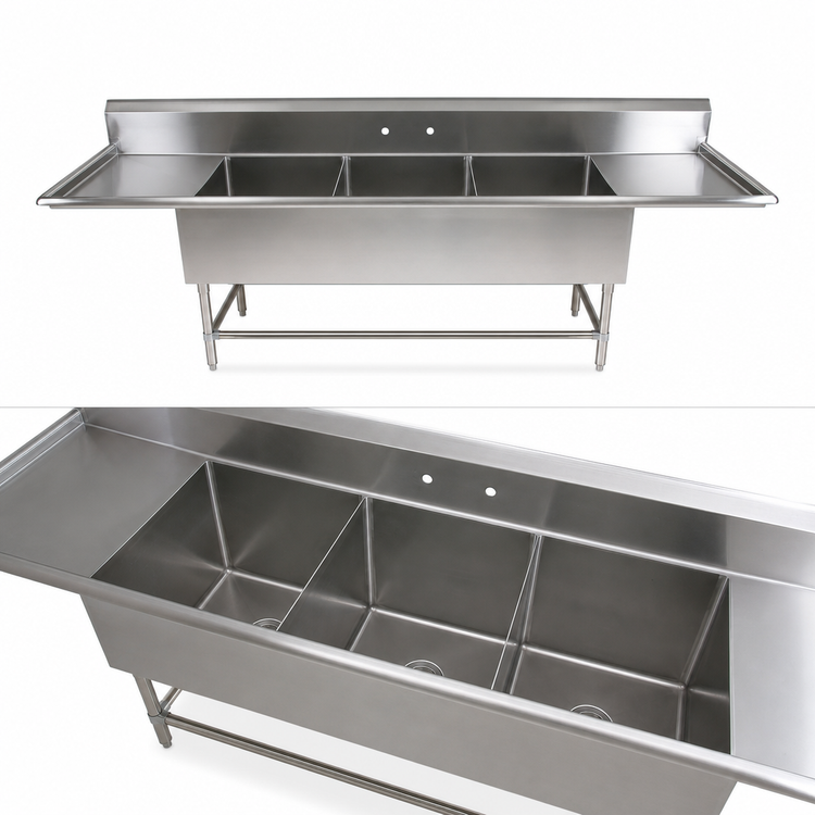 Product image #3 for John Boos Pro-Bowl 3-Compartment Sink with Left and Right Drainboards, 18" x 24" x 12" Bowls, 16 Gauge Type 300 Stainless Steel