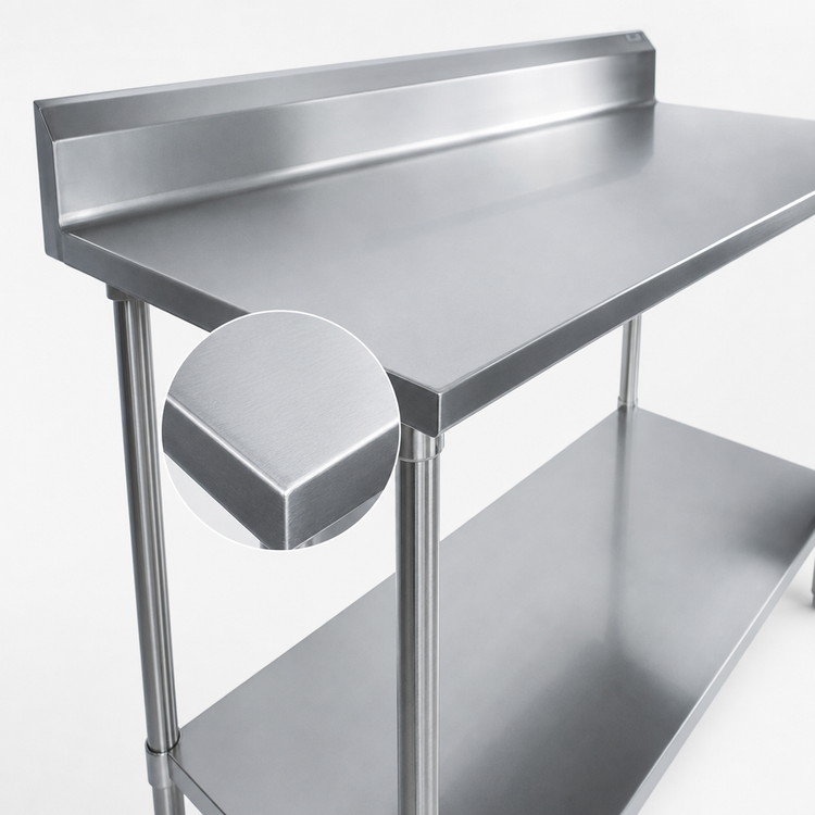 Product image #3 for John Boos Stallion 120" x 24" 14/300 Stainless Steel Work Table with 5" Backsplash, Safety Edge Front and Undershelf