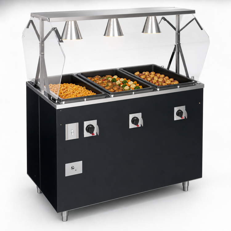 Product image #3 for Deluxe 4-Well Mobile Hot Food Station with Breath Guard and Enclosed Storage Base
