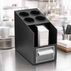 Thumbnail image #3 for Vollrath CTNFO-06 Black ABS Countertop Napkin Dispenser/Organizer, 100-Napkin Capacity, 3 Condiment Compartments, 4 Cylinder Organizers