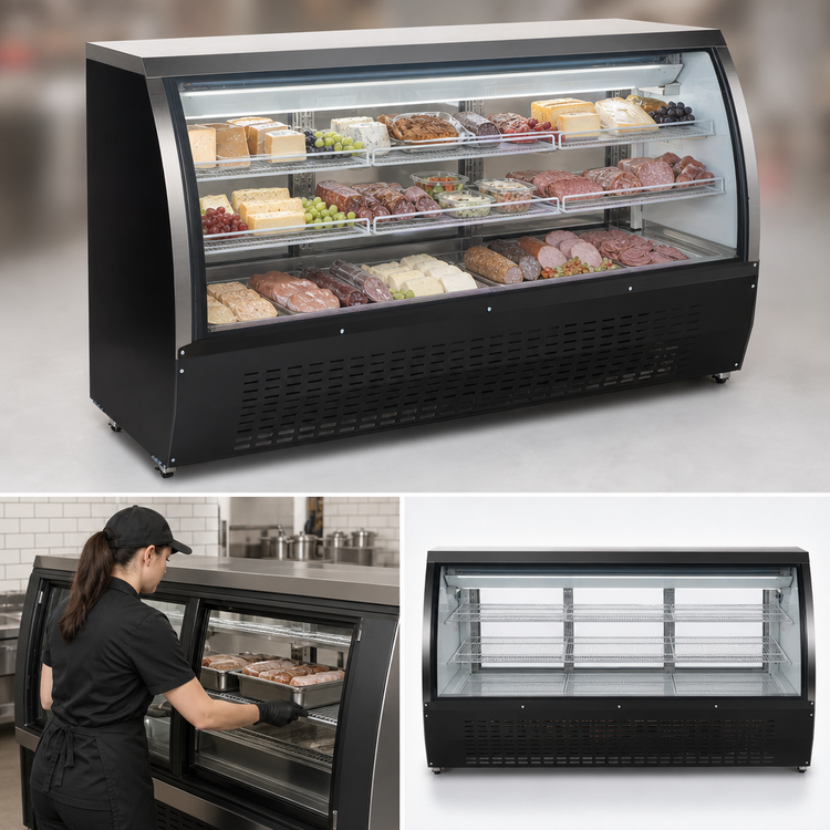 Product image #3 for Omcan 64-Inch Full-Service Refrigerated Deli Display Case with Curved Glass Front and Rear Sliding Doors