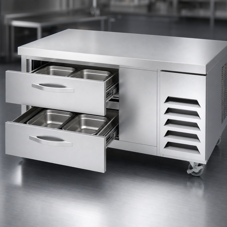 Product image #4 for Beverage-Air 52-Inch One-Section Worktop Cook Stand Refrigerator with 2 Drawers and Stainless Steel Top