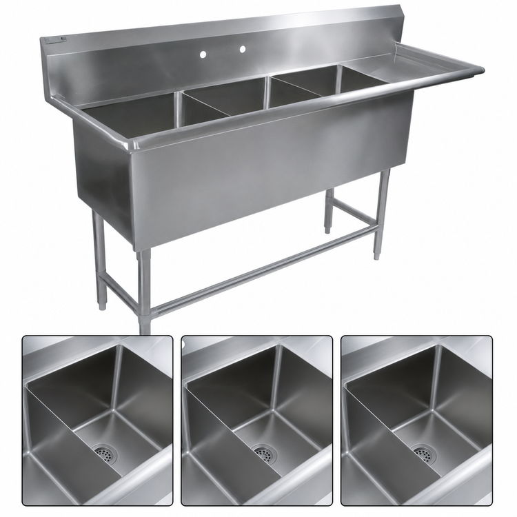 Product image #3 for John Boos Pro-Bowl 3-Compartment Stainless Steel Sink with Right-Hand Drainboard, 24 x 24 x 14-Inch Bowls