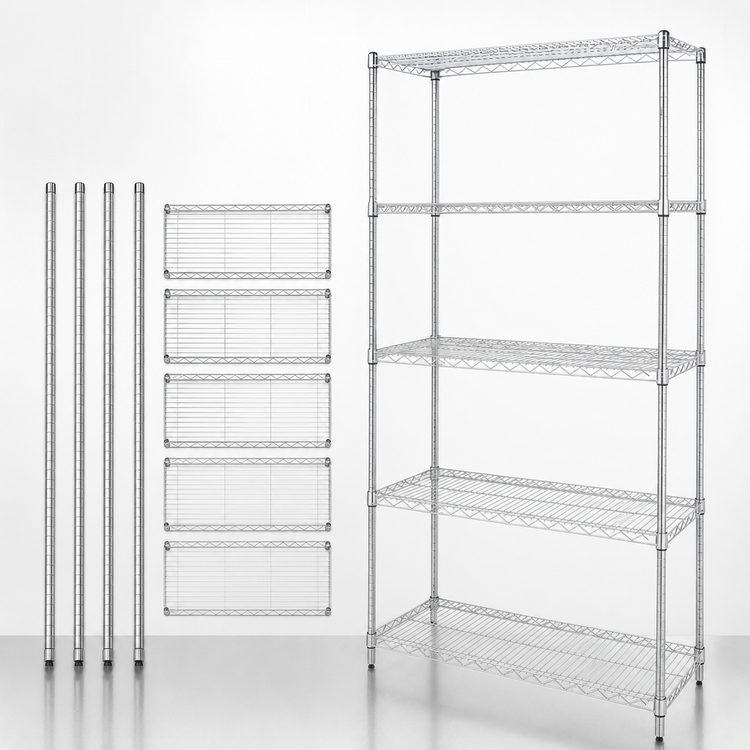 Product image #3 for Quantum Stationary Wire Shelving Starter Kit, 54"W x 18"D x 63"H, 5 Shelves, 304 Stainless Steel
