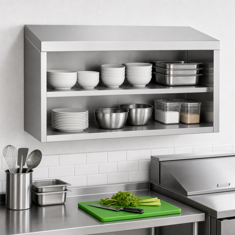 Product image #3 for Advance Tabco 96-Inch Wall-Mounted Open-Front Stainless Steel Cabinet with Single Intermediate Shelf
