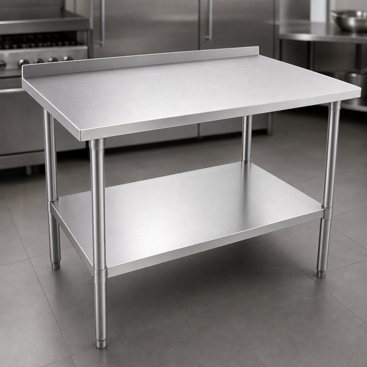 Product image #3 for John Boos Stallion 48" W x 36" D Stainless Steel Work Table with 1-1/2" Rear Up-Turn, Safety Edge, and Adjustable Undershelf